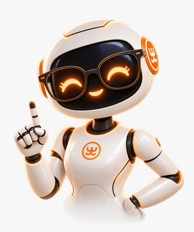 ISY, personagem oficial da EasyLaudos: robô branca e laranja com óculos e rosto digital.