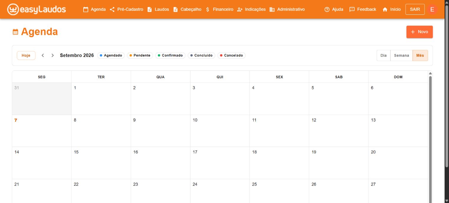 Tela real da agenda mensal da EasyLaudos, com legenda de status e alternância entre dia, semana e mês.