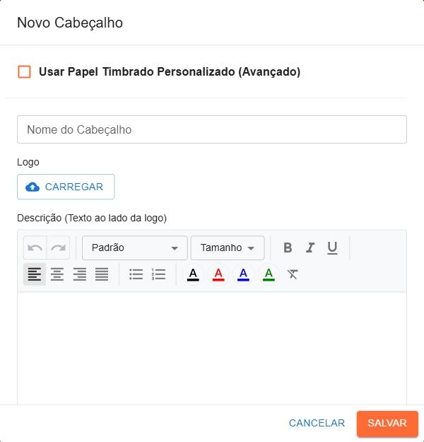 Formulário real de novo cabeçalho, com upload de logo, editor de descrição e opção de papel timbrado personalizado.