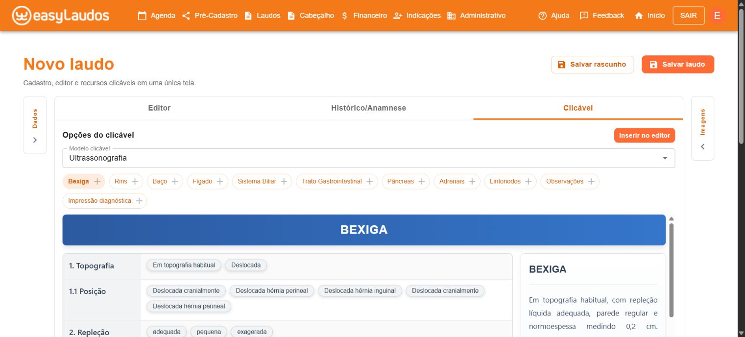 Tela real do laudo clicável: modelo de ultrassonografia, seleção de órgãos, descrições e botão para inserir o conteúdo no editor.