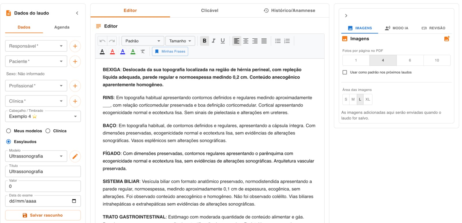 Tela real do editor da EasyLaudos, com dados do laudo, texto por órgão e opções de formatação.