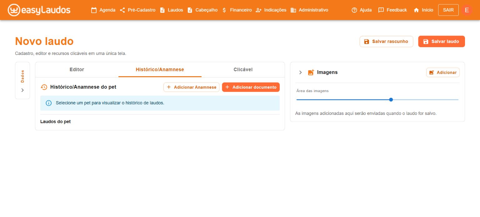 Tela real de um novo laudo, com a aba Histórico/Anamnese, opções de adicionar anamnese e documento e o painel de imagens.