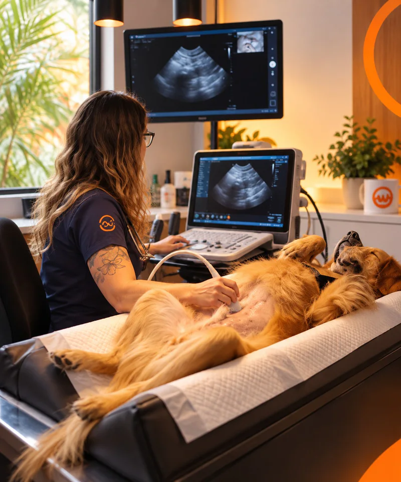 Profissional realizando ultrassom em um cão sobre a mesa, com aparelho e monitor ao fundo.